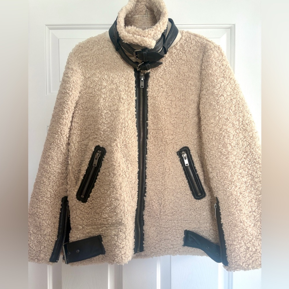 Zara Cream Fleece Moto Jacket with Black Details